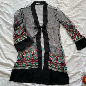 Sheer Black Floral Embroidered Kimono Cardigan Boho Festival Layering Piece
